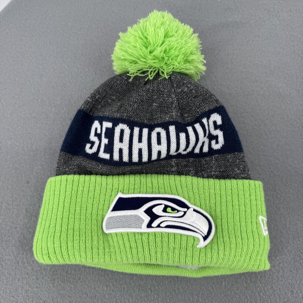 Seattle‎ Seahawks Pom Beanie Hat Cap Mens Green Gray NFL Football New Era